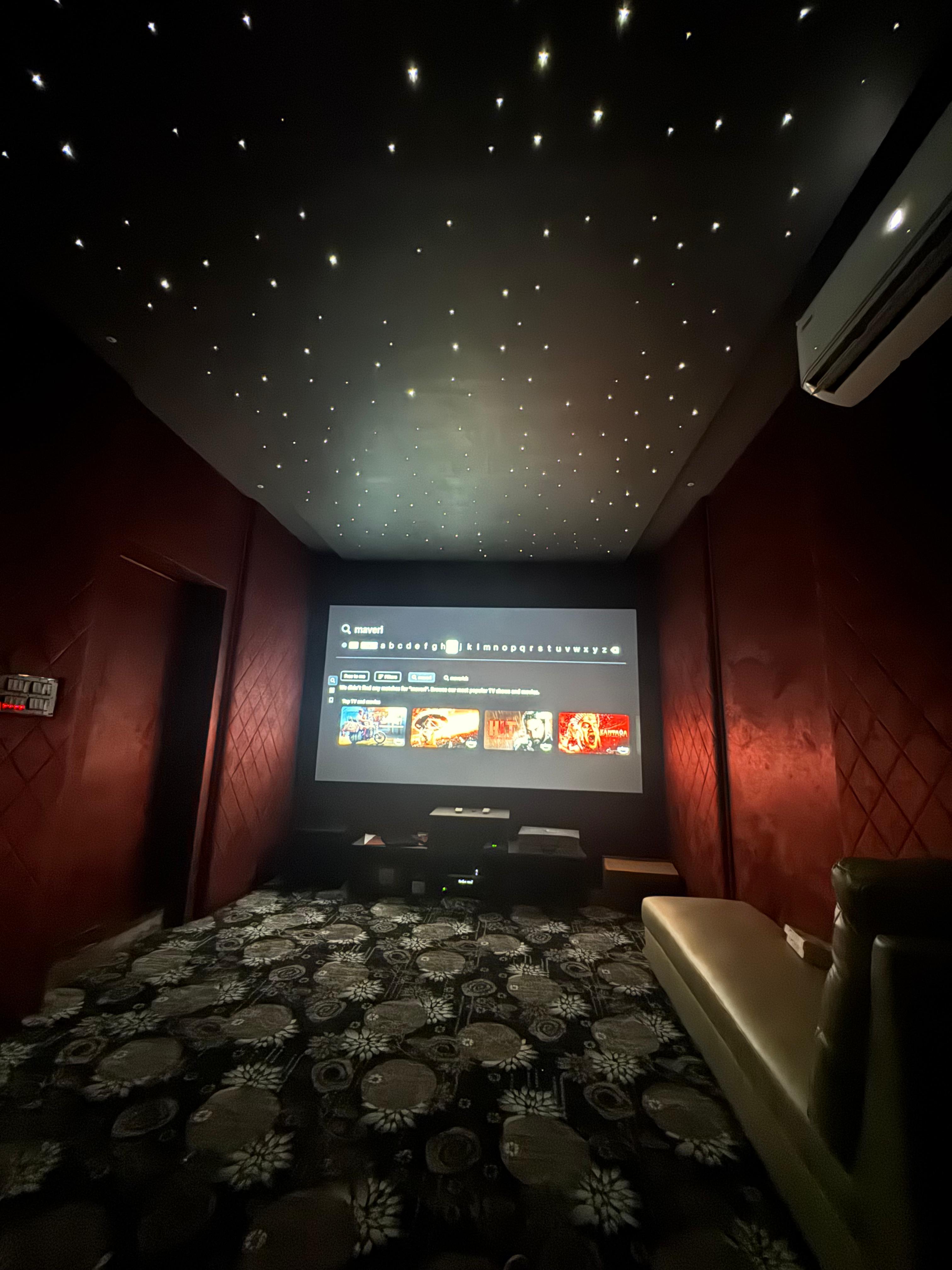 Home theatre room with star ceiling and wall panels